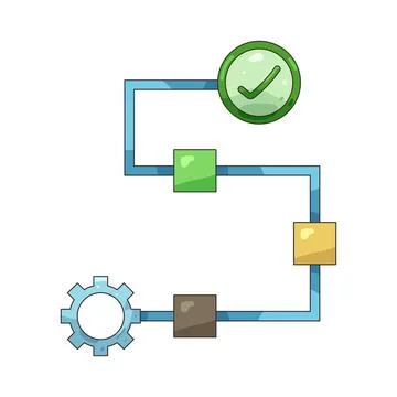 Illustration of flowchart with a gear and checkmark 스톡 일러스트
