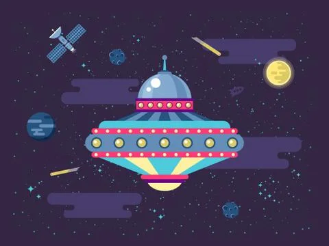 Illustration of a flying saucer UFO in outer space flat style Stock Illustration