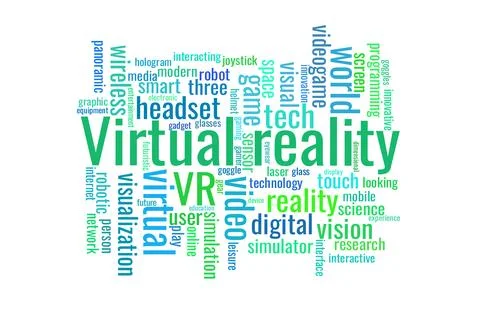 Illustration in the form of a cloud of words related to the virtual reality. Stock Illustration