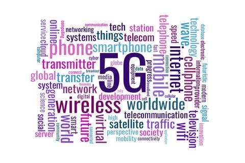 Illustration in the form of a cloud of words related to 5G. Stock Illustration