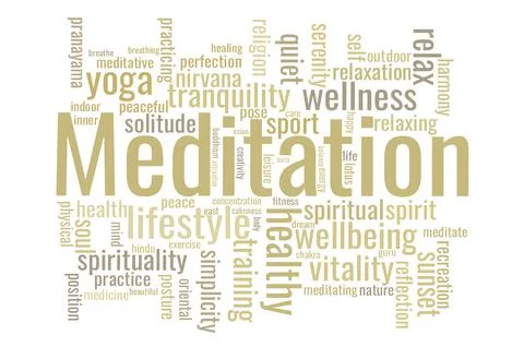 Illustration in the form of a cloud of words related to meditation. Stock Illustration