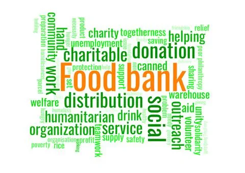 Illustration in the form of a cloud of words related to Food bank Stock Illustration