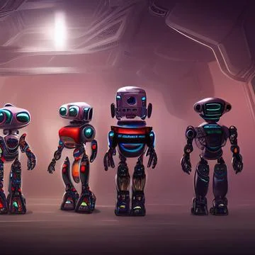 Illustration of four different types of robots on a metal surface Stock Illustration