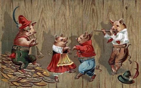 Illustration of four joyful pigs playing horn, flute and dance against a brown Stock Illustration