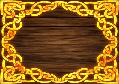 An illustration of a frame with corner fiery patterns and on wooden backgroun Stock Illustration