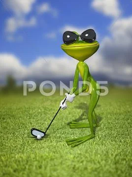 Illustration frog golfer on a green lawn Stock Illustration