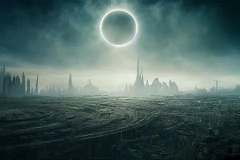 Illustration of a full moon eclipse over a futuristic maze Ilustração Stock