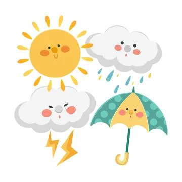 Illustration of the funny cloud, umbrella and sun. Seasonal weather image Stock Illustration