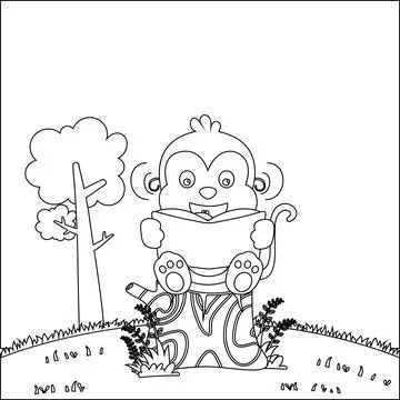 Illustration of funny monkey sit on tree trunk reading a book. Stock Illustration