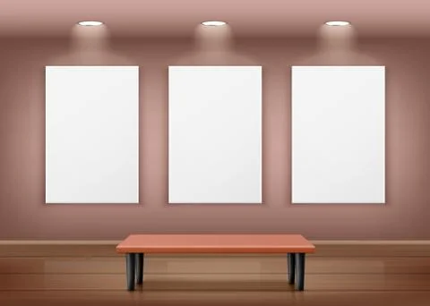 An illustration of the gallery interior with three empty frames on the wall. Illustrazione stock