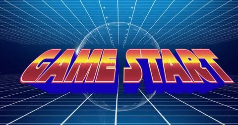 Illustration of game start text over circle and grid pattern against blue Stock Illustration