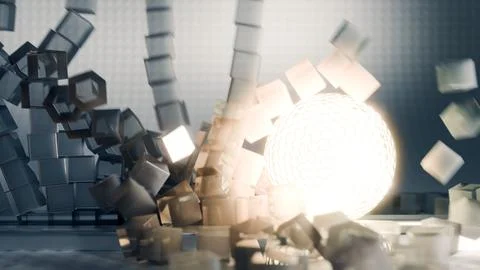 Illustration of a geometric explosion featuring a light sphere and floating Иллюстрация