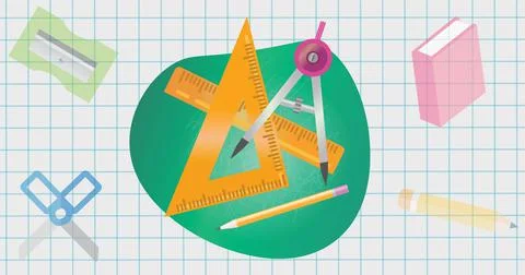 Illustration of geometry measuring tools with stationery and book on checked Stock Illustration