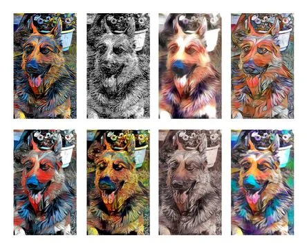 Illustration of German shepherd painted with different artistic techniques Stock Illustration
