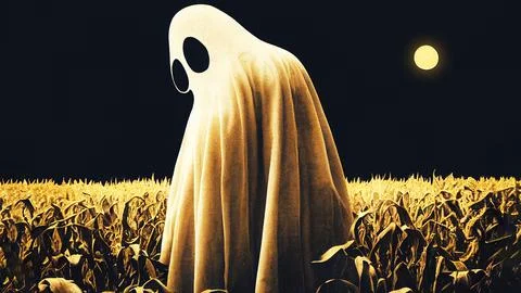 Illustration of a ghost looking back in a cornfield at night Stock Illustration