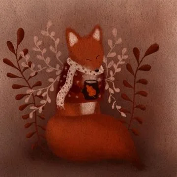 Illustration ginger fox drinking coffee print Ilustración de archivo