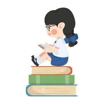 Illustration of Girl Reading on Stack of Books Stock Illustration