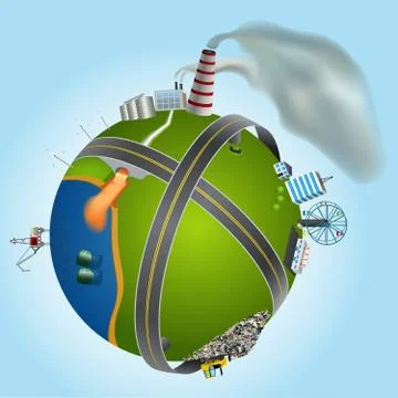 Illustration of global environmental problems, showing types of pollution. Illustrazione stock