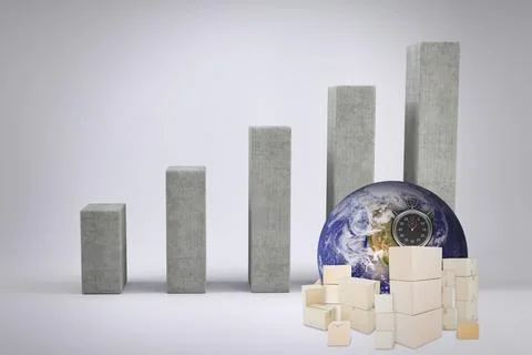 Illustration of globe, boxes and clock against bar graph Stock Illustration