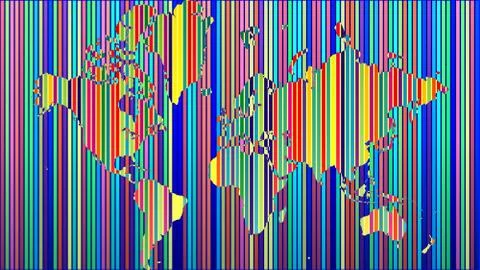Illustration of globe map with geometric shapes pattern imposed. Illustrazione stock