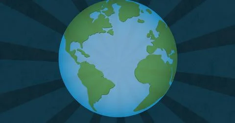 Illustration of globe with sunbeams patterns on blue background, copy space Illustrazione stock