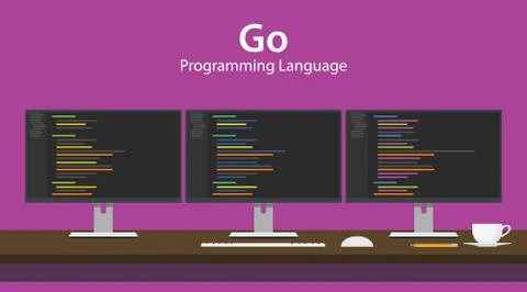 Illustration of Go programming language code displayed on three monitor in a row Stock Illustration