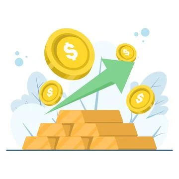 Illustration of gold bar stack with upward arrow, showing investment growth. Illustration