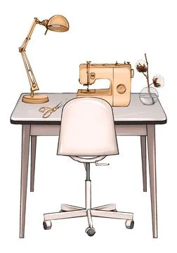 Illustration of gold sewing machine on the table. A modern illustration tailor's 库存插图