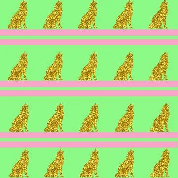 Illustration of golden wolf patterns on a gre background with pink lines Illustrazione stock