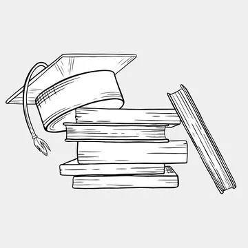 Illustration of a graduation cap on a stack of books with an additional boo.. Stock Illustration