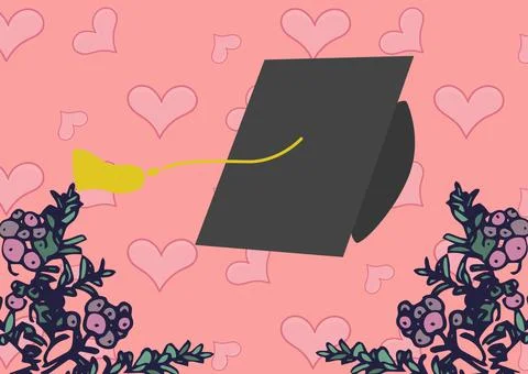 Illustration of graduation hat falling over hearts and flowers on pink Ilustração Stock