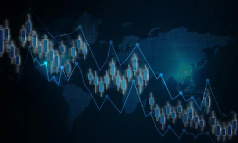 An illustration of a graph chart indicating the decreasing economy against th イラスト素材