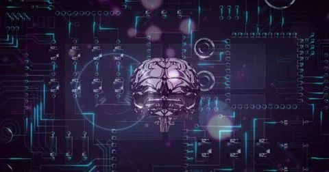 Illustration of graphical human brain with circles over circuit board patterned Stock Illustration