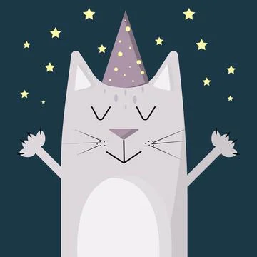 Illustration of a gray cat in a cap. Gray cat on a background of the starry sky. Stock Illustration