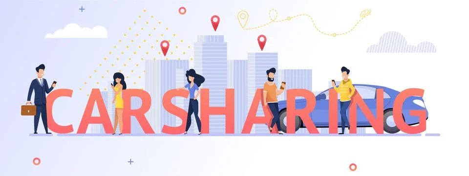 Illustration Group People Using Carsharing Service イラスト素材