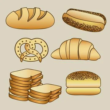 Illustration of hamburger bread, classic bread, croissant, chopped bread, hot Stock Illustration