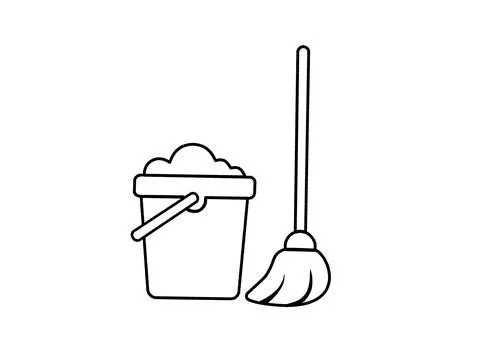 Illustration, hand drawing of a mop and a bucket filled with soap suds. Stock Illustration