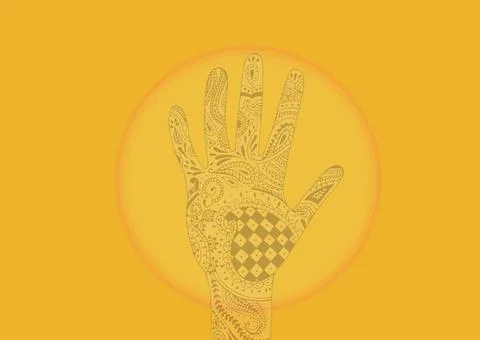 Illustration of hand with pattern in yellow circle with copy space on dark Stock Illustration