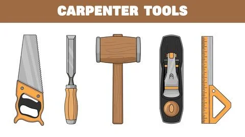Illustration of hand saw chisel mallet plane and ruler tool bundle design Stock Illustration