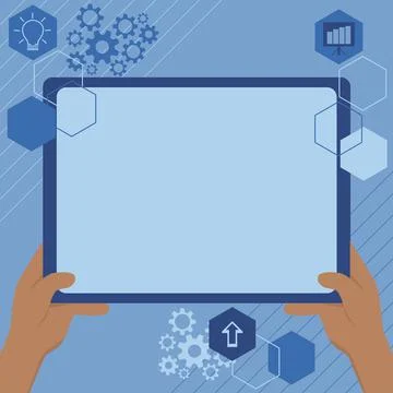 Illustration Of A Hand Using Big Tablet Searching Plans For New Amazing Ideas Stock Illustration