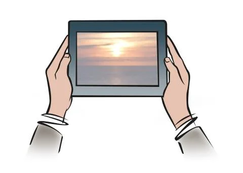 Illustration of hands holding digital tablet showing tranquil sunset Stock Illustration