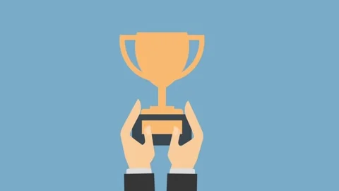 Illustration of Hands Holding a Trophy Against a Blue Background Stockbeeldmateriaal 341920215