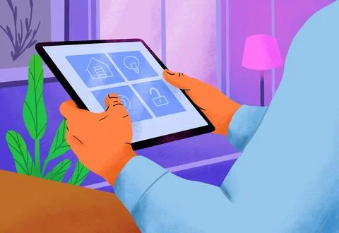 Illustration of a Hands of mature man using tablet PC in smart home Illustrazione stock