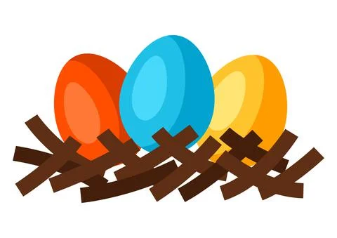 Illustration of Happy Easter eggs in nest. Cartoon symbol of celebration. Stock Illustration