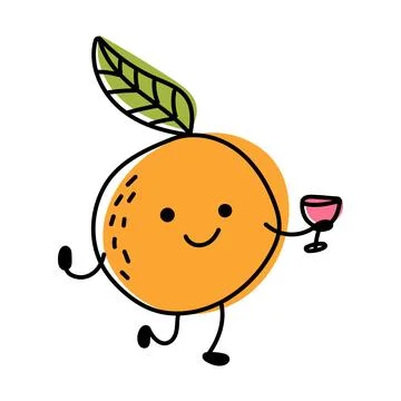Illustration of happy orange fruit with leaf and wine glass Stock Illustration