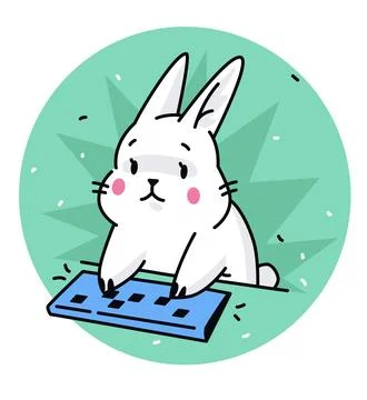 Illustration of a hare at a keyboard. Vector. Sticker of a white cute cartoon Stock Illustration