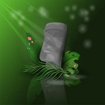 Illustration of a head from Easter island on a dark green background among tr Stock Illustration