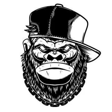 Illustration of head of gorilla in baseball cap. Design element for poster, c Stock Illustration