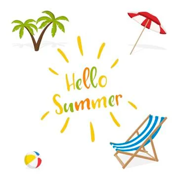 Illustration hello summer. Deck chair, ball, palm trees and umbrella. Stock Illustration
