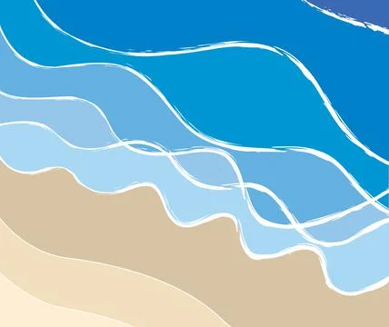 Illustration, high angle view. 5 layers white edged blue ocean waves Stock Illustration